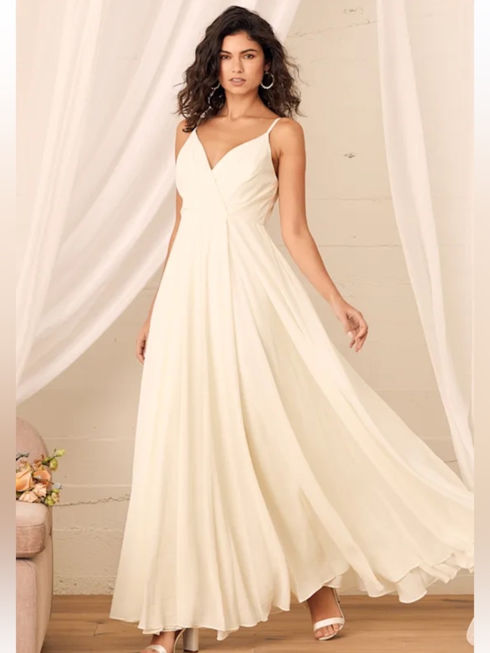 Lulu's Cream All About Love V-Neck Spaghetti Strap Maxi Dress